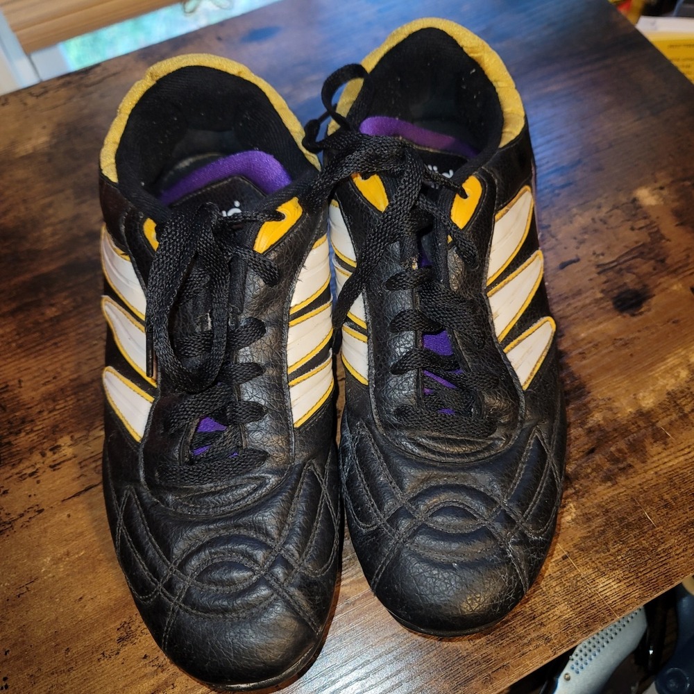 Adidas Kids Size 6Y?‎ Black White Stripes Cleats with Yellow & Purple Accents